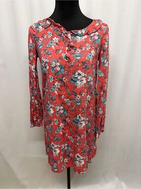 Pepe Jeans Girls Size 16 Coral Floral A-Line Dress Long Sleeve Ruffle Neck Knit